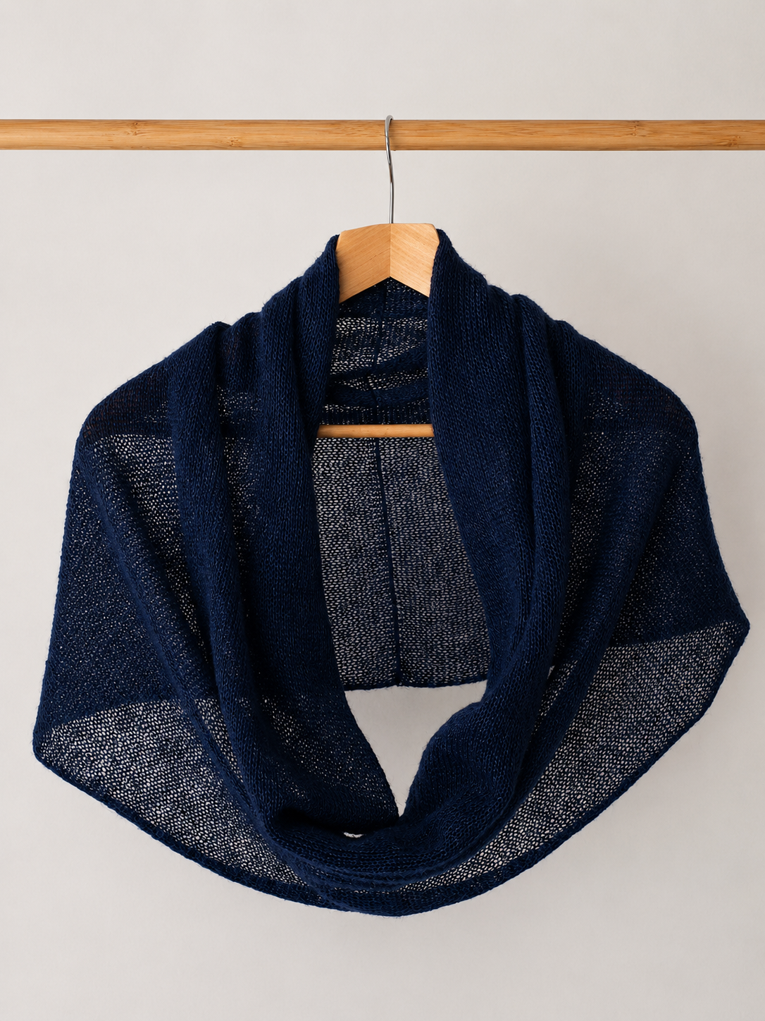 Front view of a handmade midnight navy infinity loop scarf.