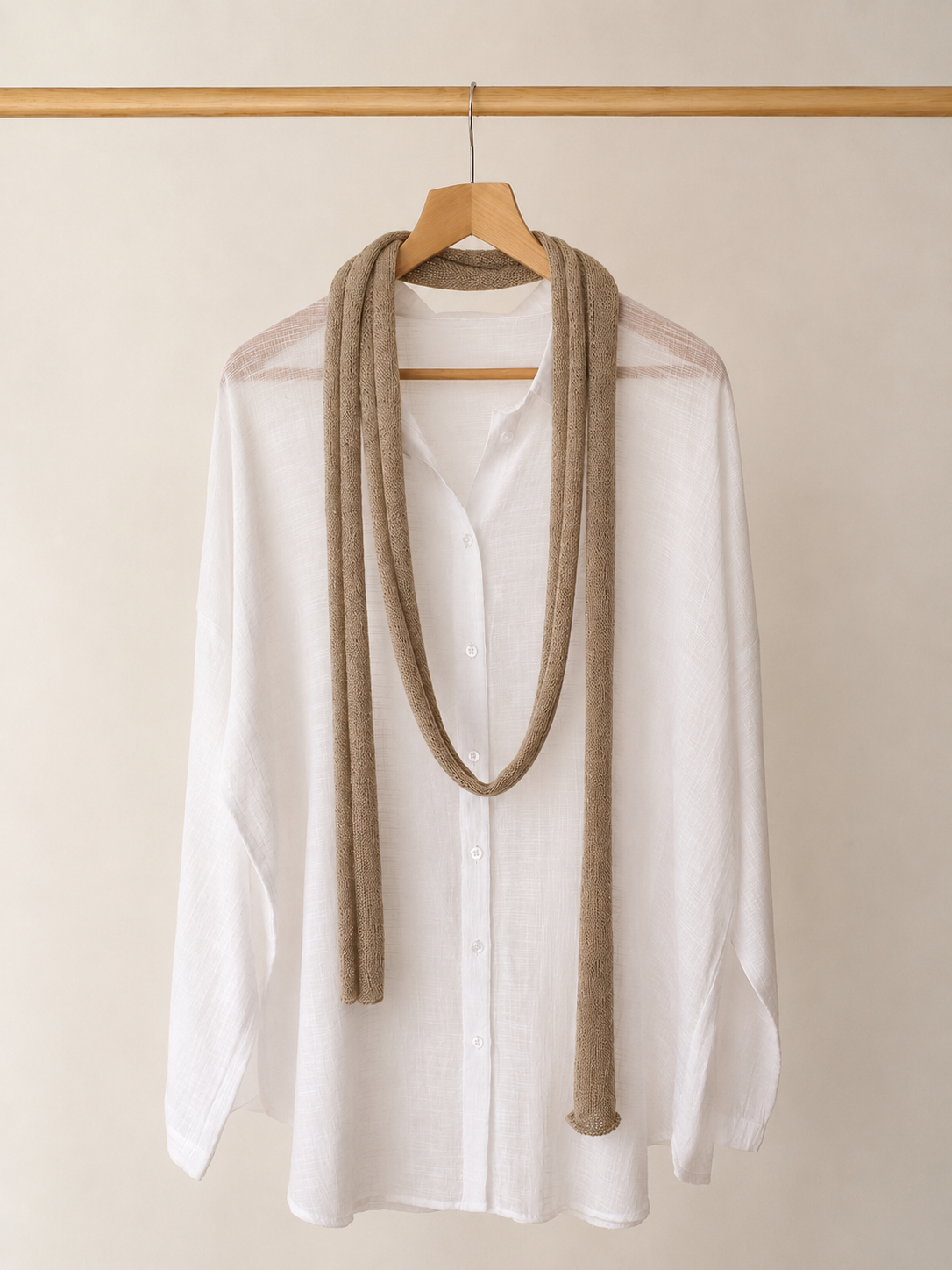 Golden Dune extra long mohair skinny scarf styled with a white linen shirt.