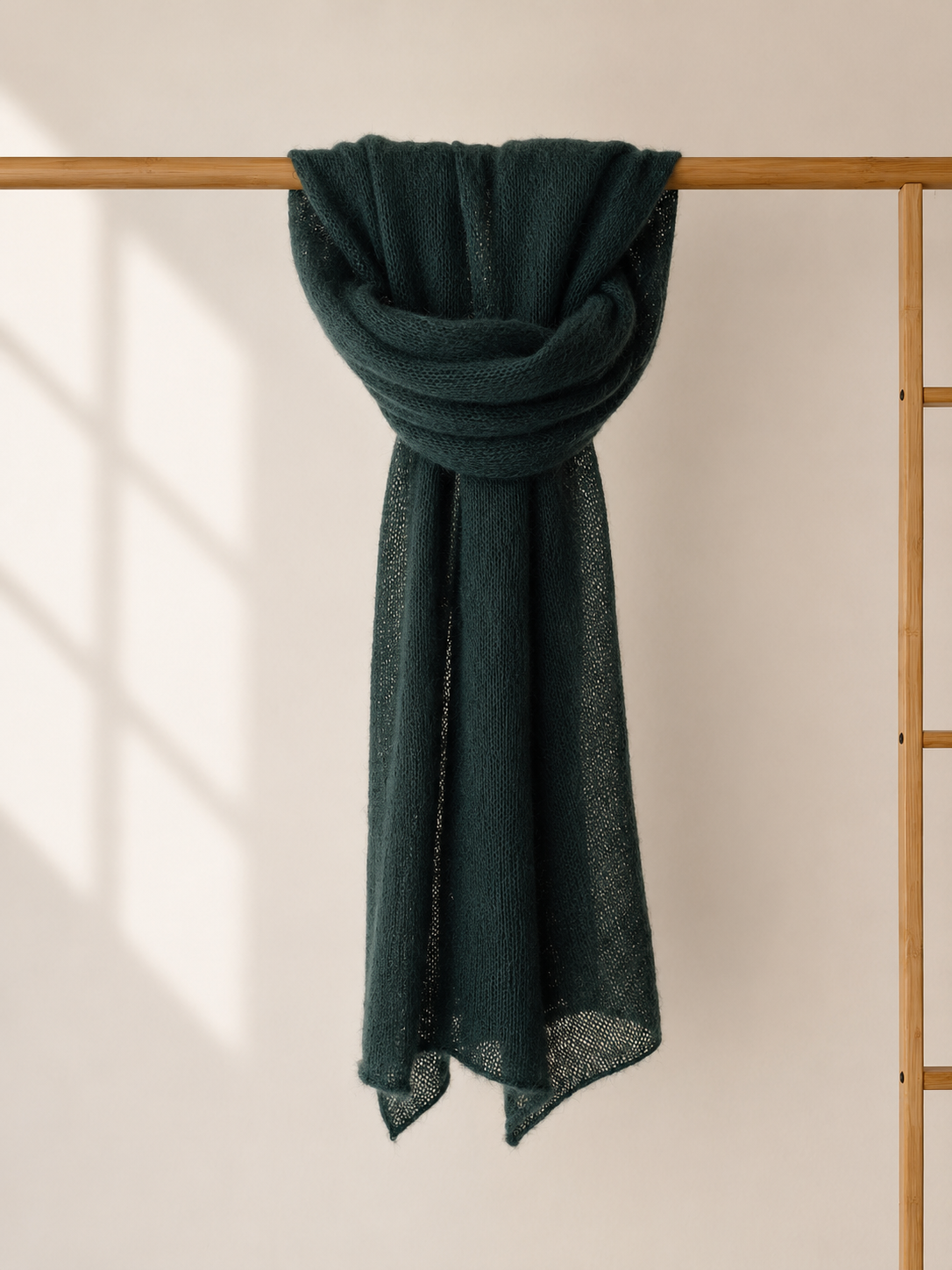 Deep Forest silk mohair shawl styled as a wrapped scarf