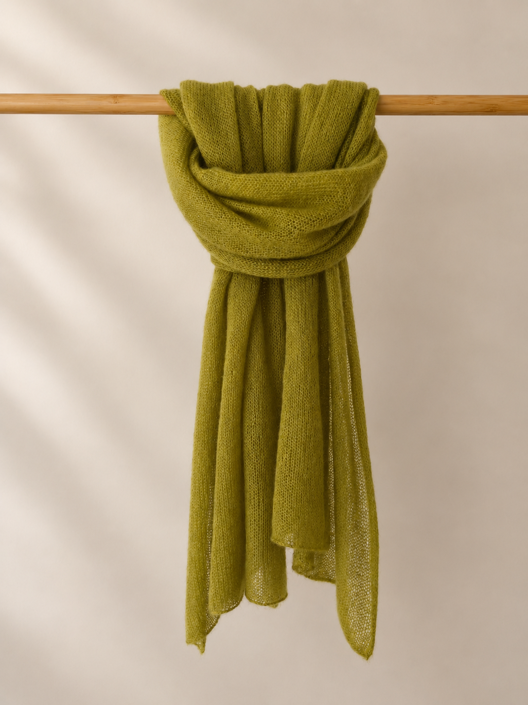 Moss Olive silk mohair shawl styled as a wrapped scarf