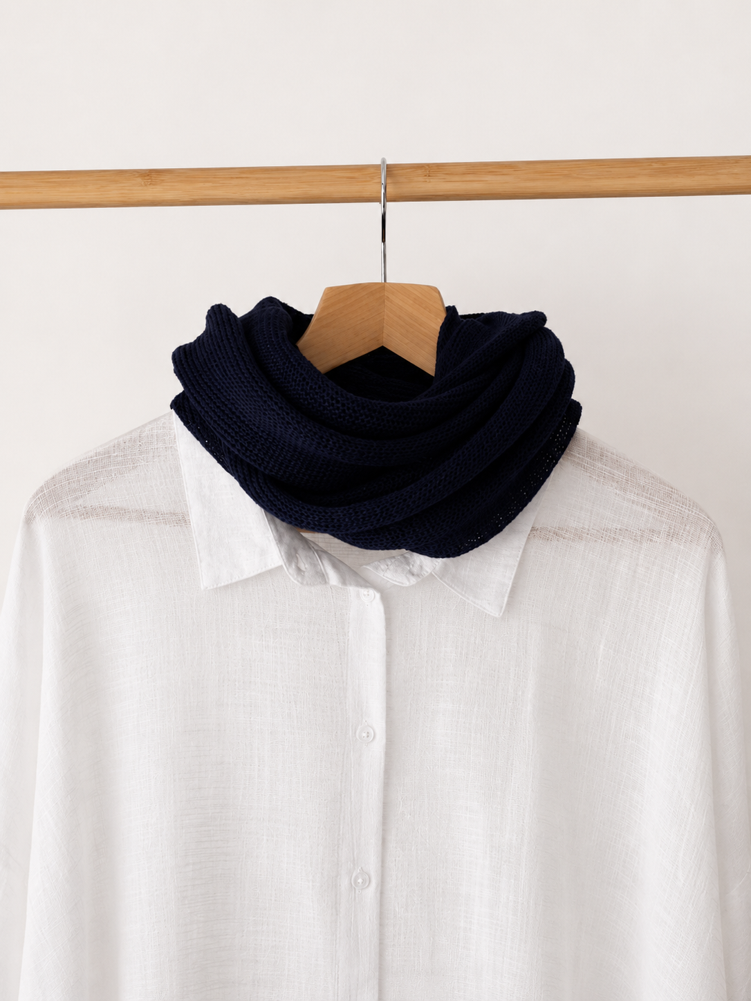 Deep Navy breathable linen Infinity scarf worn on white shirt