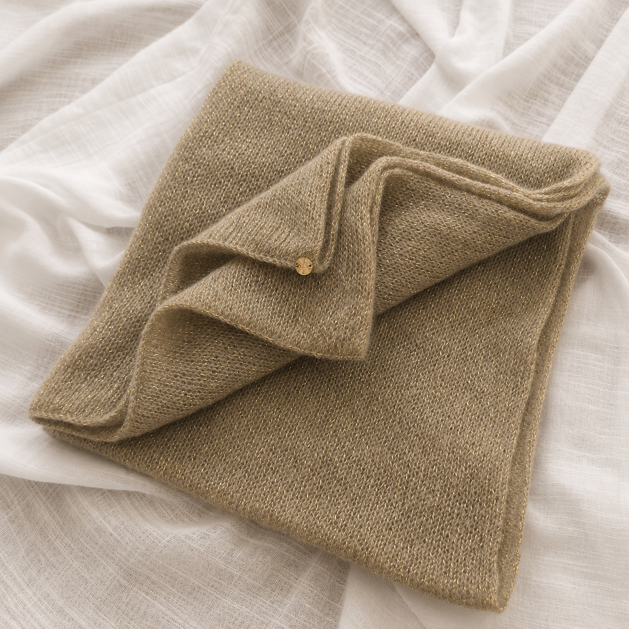 Folded Mushroom Mohair Blend Infinity Scarf with subtle metallic shimmer.
