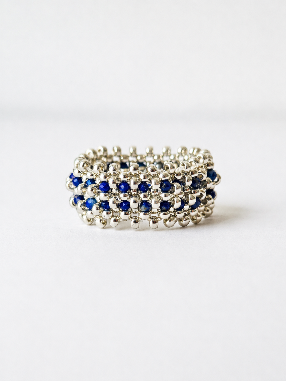 Lapis lazuli 2-in-1 band ring with silver Miyuki beadwork