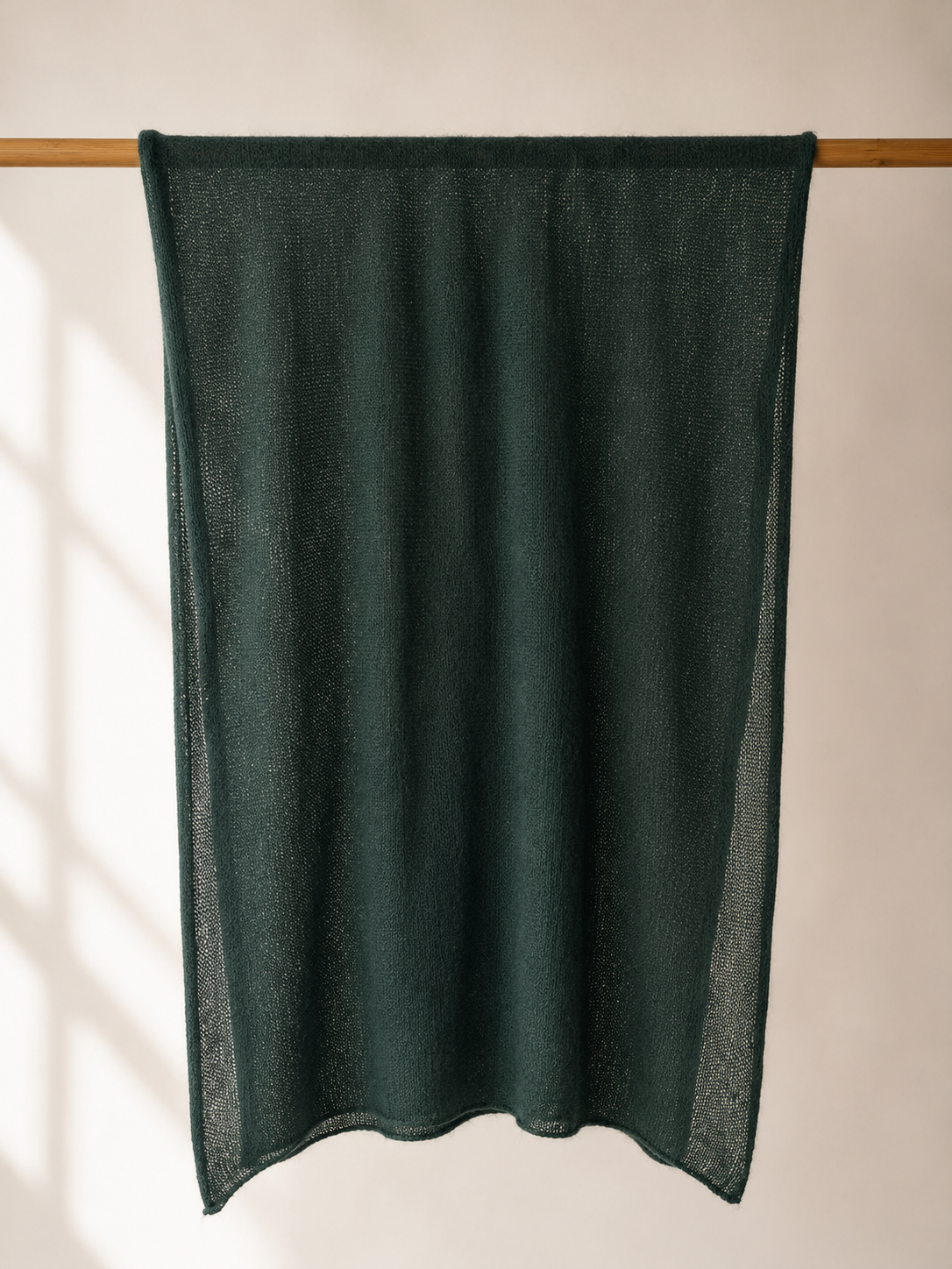 Full view of the Deep Forest silk mohair shawl hanging naturally