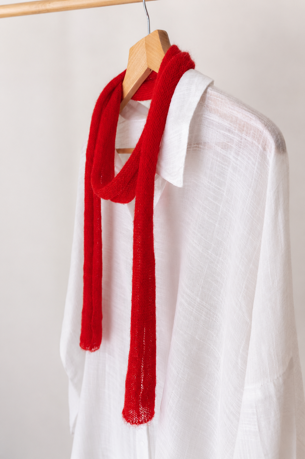Ruby Red Classic Length kid mohair scarf photographed from a 45-degree angle.