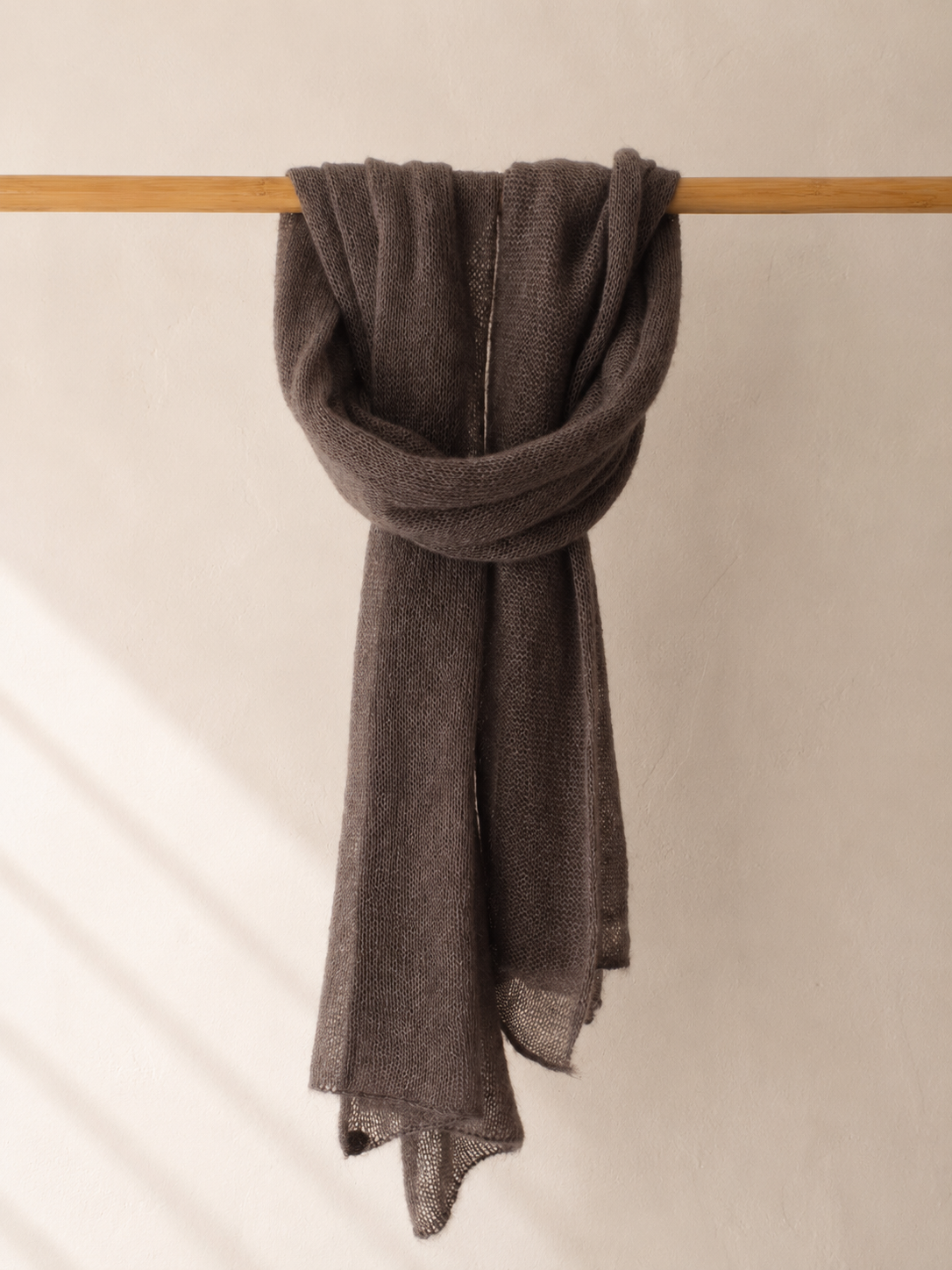 Warm Taupe silk mohair shawl styled as a wrapped scarf