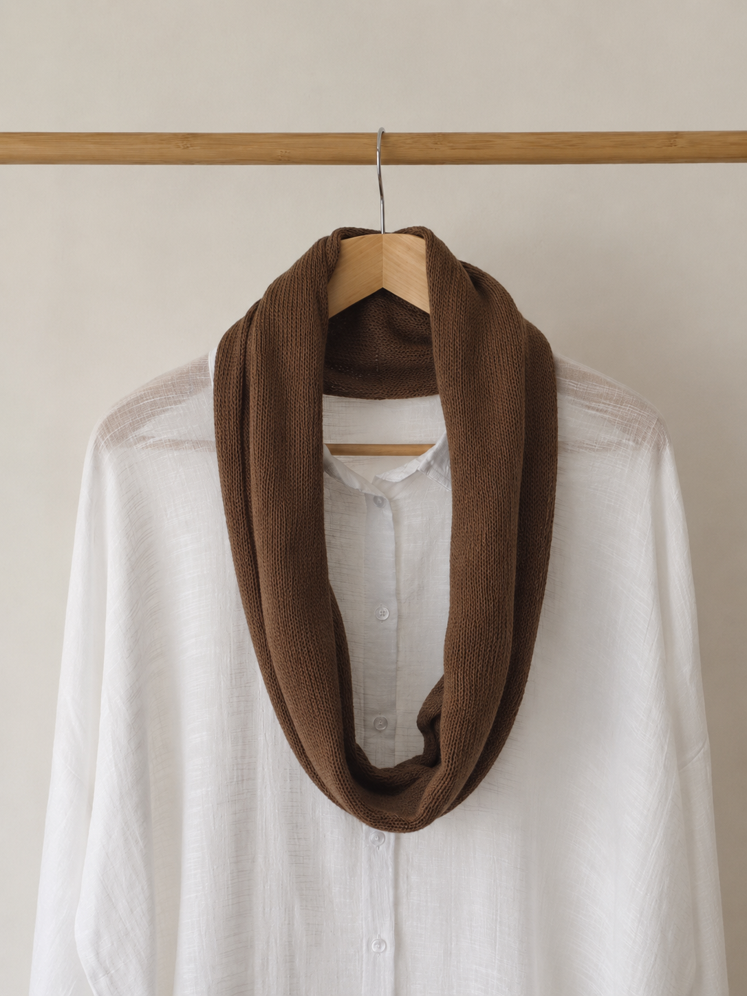 Cocoa Brown handmade linen Infinity scarf styled on a white linen shirt