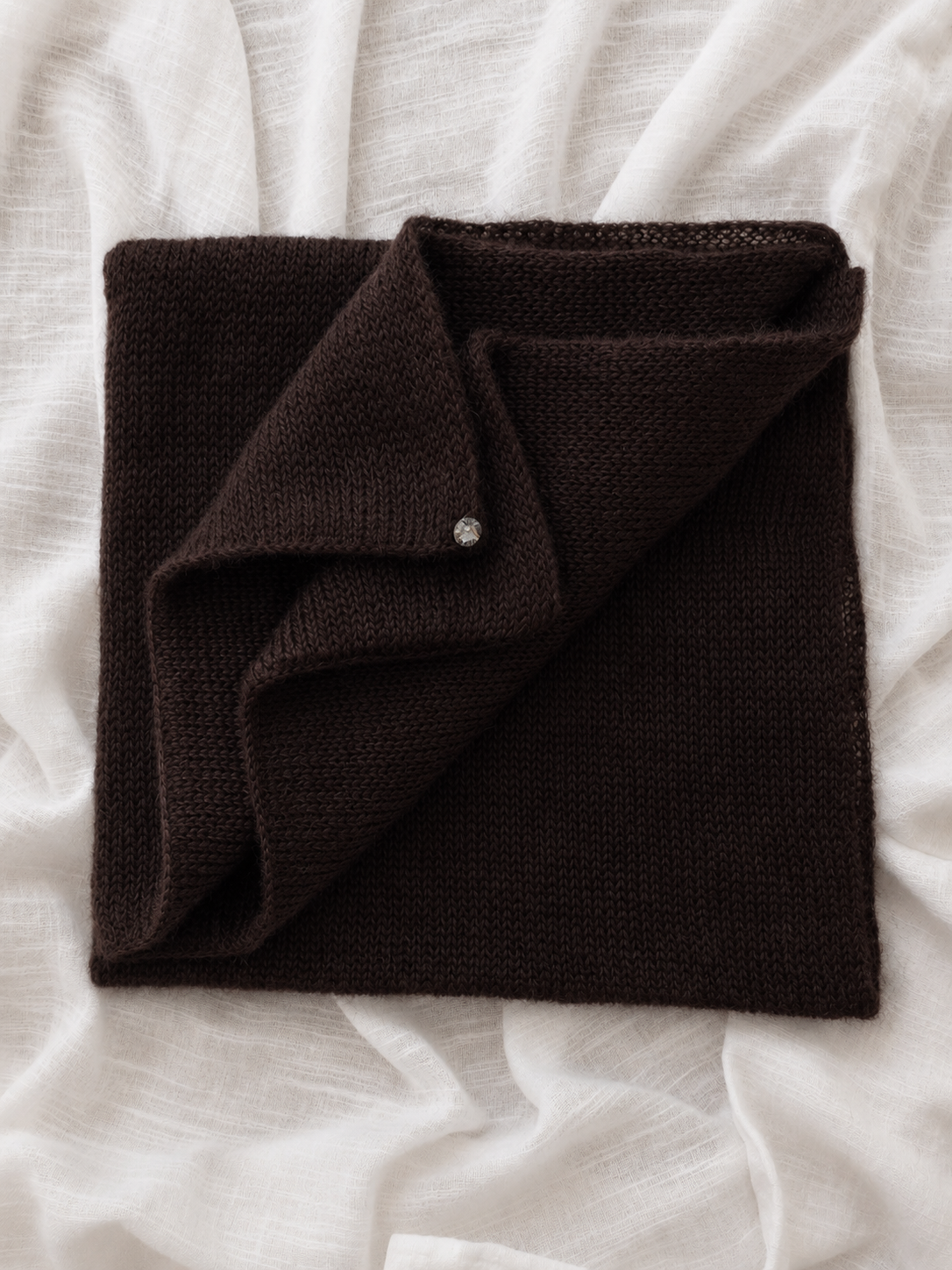 Folded Dark Brown silk mohair infinity scarf with crystal detail.