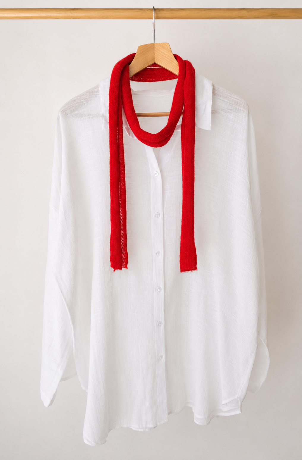 Ruby Red Classic Length kid mohair skinny scarf styled on a white linen shirt.
