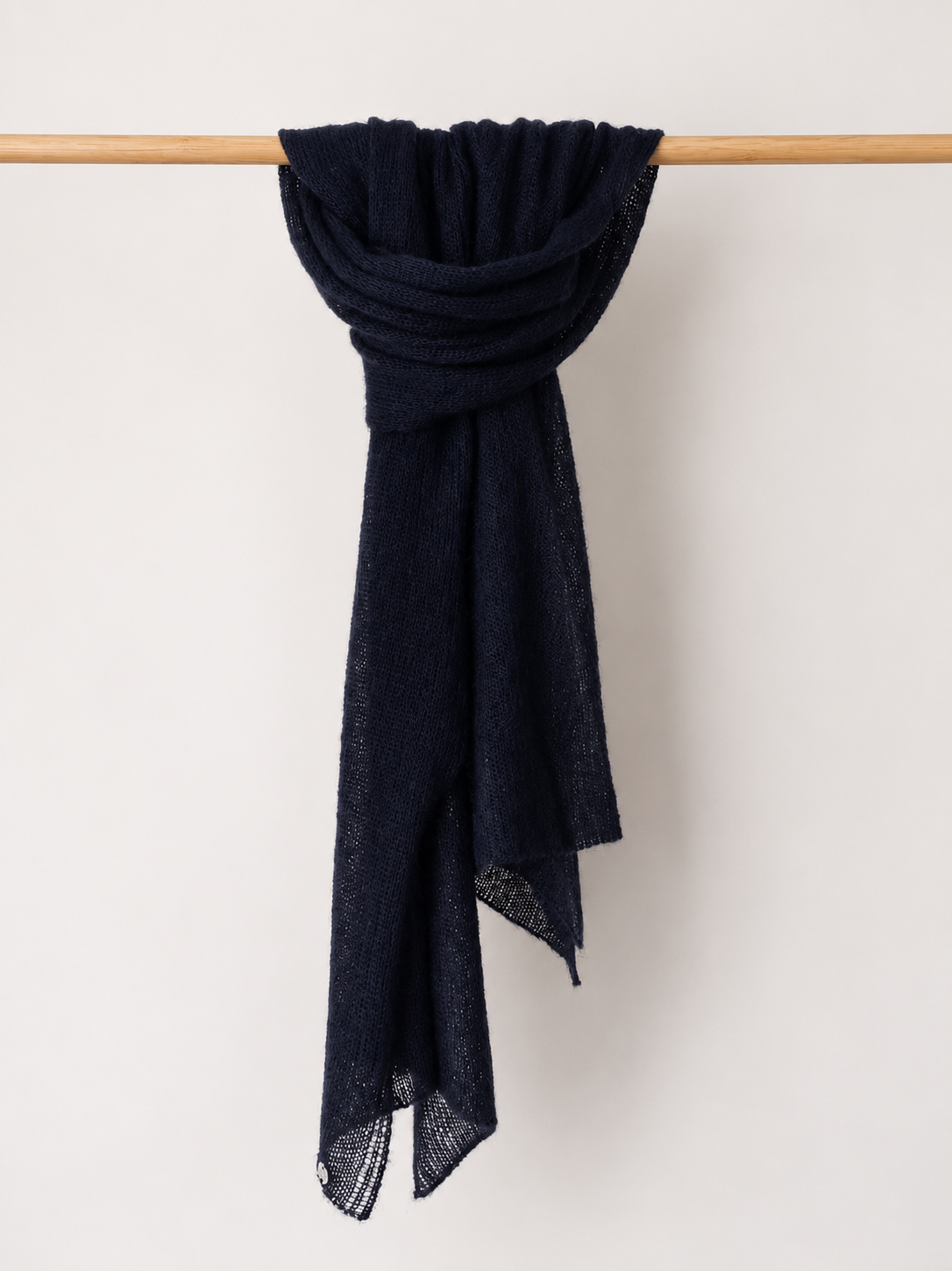 Silk Mohair Shawl styled as a scarf in deep midnight navy