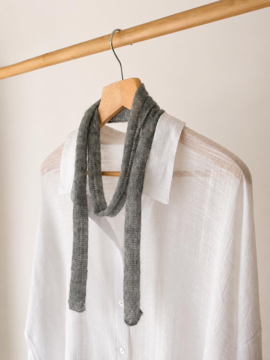 Grey Mist mini scarf photographed at a 45-degree angle