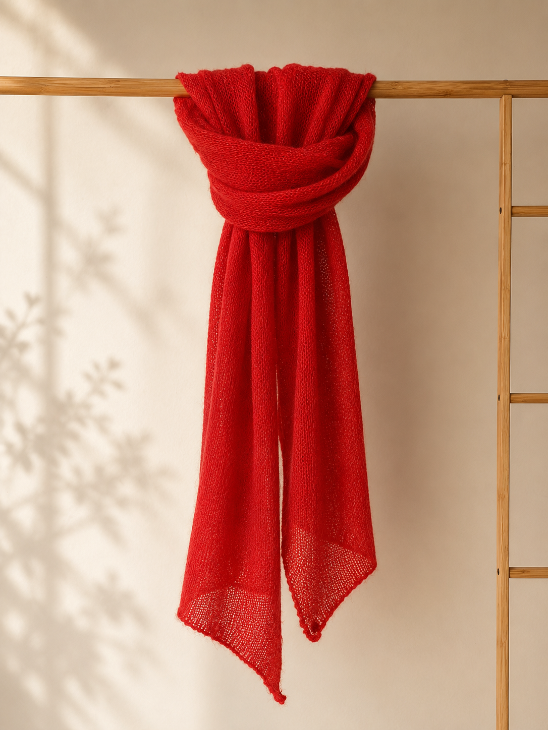 Crimson Flame silk mohair shawl wrapped as a scarf demonstrating everyday styling
