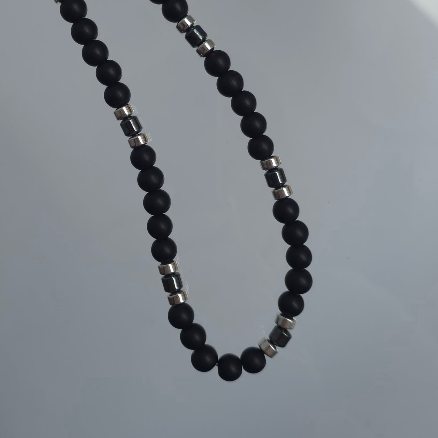 Matte Synthetic Shungite Semi Precious Stone – Metallic Hematite Accent Necklace