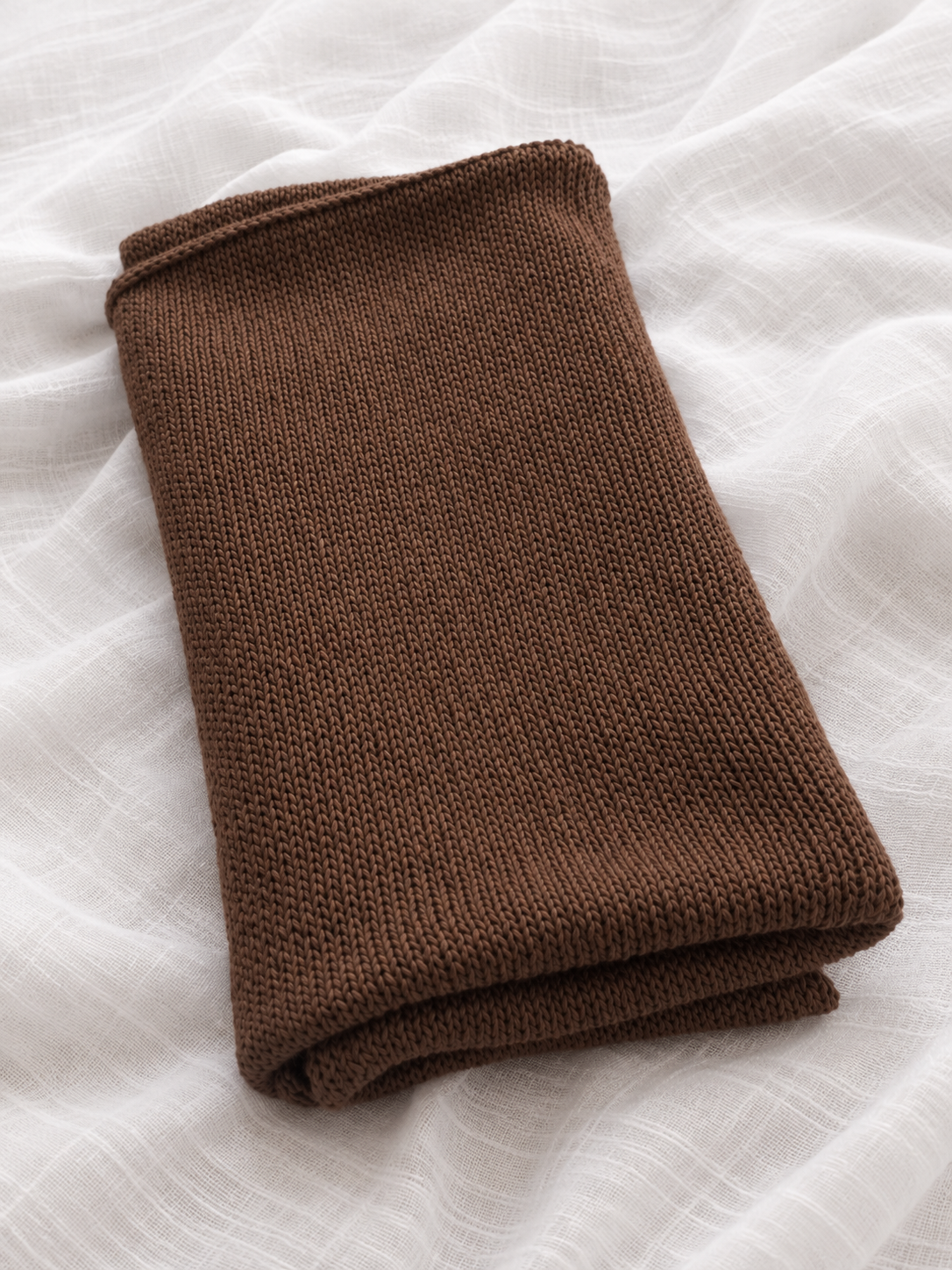 Close-up of Cocoa Brown knitted 100% linen Infinity scarf
